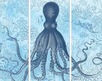 Blue Octopus Canvas Triptych, Nautical Wall Art