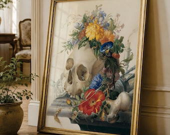 Skull and Flowers Art Print, Memento Mori Wall Art, Floral Vanitas Still Life, Gothic Botanical Decor