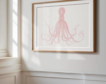 Octopus Art Print, Rose Quartz Pink, Sea Life Poster, Coastal Home Decor, Vintage Pink Cephalopod Illustration