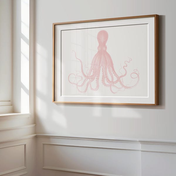 Affiche artistique de pieuvre, rose quartz, poster sur la vie marine, décoration intérieure côtière, illustration vintage de céphalopode rose