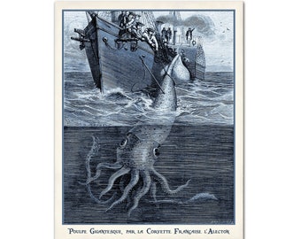 Historical Squid Illustration, Octopus Print, Navy Kraken Sea Monster, Nautical Art, Man Cave or Office Wall Decor, Nautical Decor