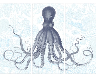 Navy and White Octopus Triptych with Sea Life Background, Lord Bodner, Large Wall Art, Shore House Art, Coastal Decor