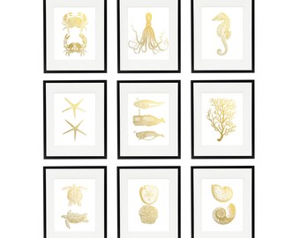 Sea Life Print Set in Metallic Foil, Gold Foil Nautical Prints, Coastal Print Set, Beach Home Decor