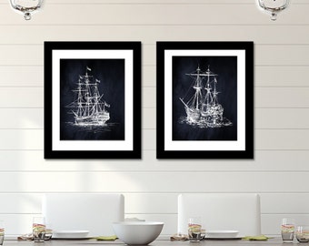 Vintage Ships Print Set, Nautical Decor, Coastal Art, Maritime Art, Pirate Ships, Sailboat Posters, Gift For Him, Gift for Dad