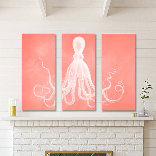 Art mural triptyque corail, pieuvre, décoration d'intérieur de plage rétro, toile tendue sur toile