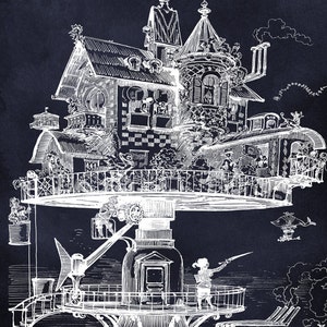 Flying House Steampunk Print or Poster, The Steampunk Mansion Print