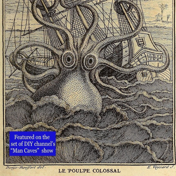 Gift for Dad, Octopus Poster, Kraken Sea Monster, Vintage Sea Life Art, Coastal Farmhouse, Man Cave Wall Art, Nautical Print
