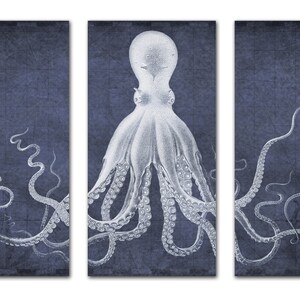 Octopus Print, Octopus Triptych on A Navy Blue Nautical Map, Octopus Art, Coastal Decor, Beach Art, Cephalopod Illustration Giclee Print