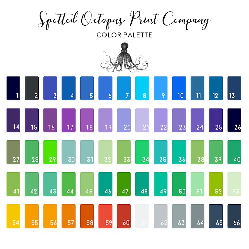 May include: A color palette chart with 66 different colors, numbered 1 through 66. The chart is titled "Spotted Octopus Print Company Color Palette". An illustration of an octopus is above the chart.