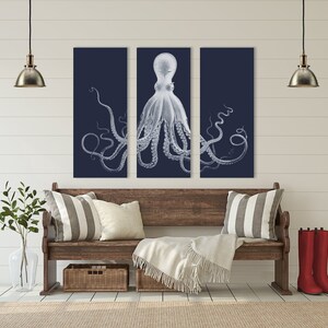 Octopus Triptych, The Classic, Navy Blue Kraken Three Paneled Large Wall Art, Lord Bodner Octopus, Nautical Print, Coastal Chic Decor image 5