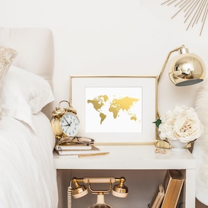 Gold Foil World Map Print, Shiny Pressed Art