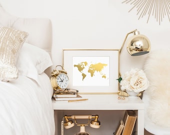 Gold Foil World Map Print, Shiny Pressed Art