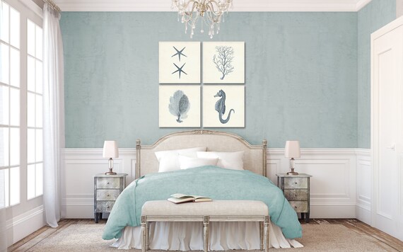 Coastal Print Set In Rustic Blue Nautical Wall Art Sea Life Art Beach Home Decor Coral Prints Beach Wall Art