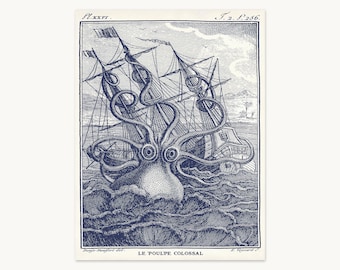Kraken Octopus Attacking Ship Art Print – Vintage Nautical Wall Art
