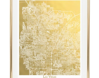 Las Vegas Map, Gold Foil Map, Gold Foil Print, Las Vegas Wall Art, Gold Foil Print, Map as Art, Gift for Globetrotter, Foil Pressed Map