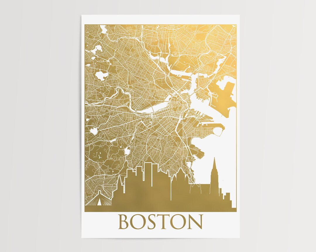 Boston Gold Foil Map Print With Skyline, Modern Metallic Wall Art ...