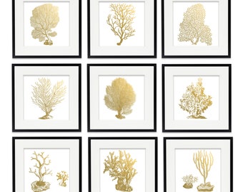 Coral Prints Gold Foil Print Set of 9, Gold Foil Coastal Decor, Nautical Art, Gold Corals, Gold Art, Beach Art, Metallic, Sea Life Wall Art