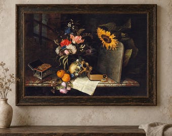 Memento Mori Skull & Sunflower Art, Dutch Golden Age Dark Academia Wall Decor, Still Life Print