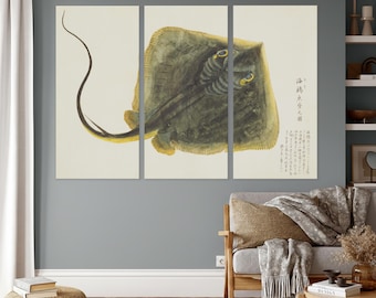 Stingray Triptych Wall Art, Set of 3 Vintage Japanese Kanji Sea Life Prints, Coastal Nautical Decor