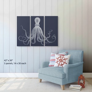 Octopus Triptych, The Classic, Navy Blue Kraken Three Paneled Large Wall Art, Lord Bodner Octopus, Nautical Print, Coastal Chic Decor image 3