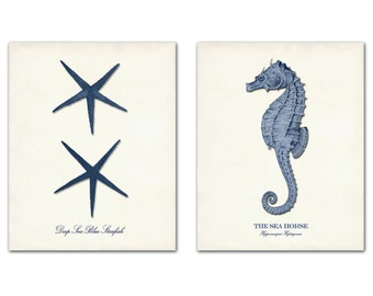 Nautical Seahorse and Starfish Art Print Set, Navy Blue Coastal Decor