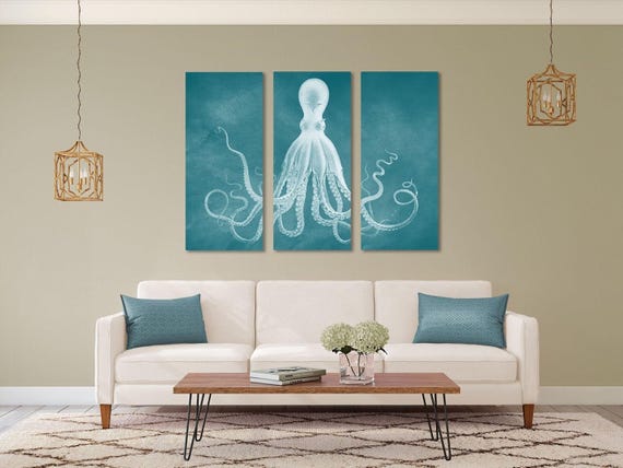 Teal Octopus Triptych, Coastal Wall Art, Beach House Decor, Ready to Hang Large Nautical Art, Historic Sea Life Illustration