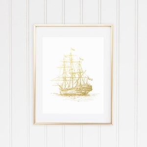 Nautical Print, Old Ship in Metallic Foil, Gold Foil Print, Nautical Ship Art, Nautical Decor, Boat Illustration, Sailboat, Gold Wall Art image 3