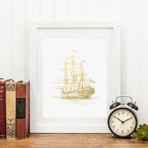 Nautical Print, Old Ship in Metallic Foil, Gold Foil Print, Nautical Ship Art, Nautical Decor, Boat Illustration, Sailboat, Gold Wall Art image 4