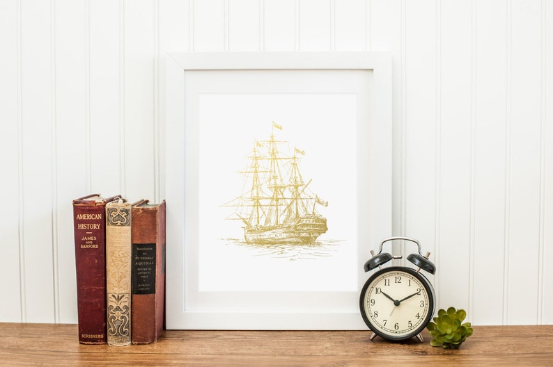 Nautical Print, Old Ship in Metallic Foil, Gold Foil Print, Nautical Ship Art, Nautical Decor, Boat Illustration, Sailboat, Gold Wall Art image 4