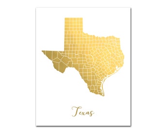 Texas Map Gold Foil Print, Map of Texas with Counties, Housewarming Gift, Travel Memento, Foil Map, Gold Wall Art, Gold Foil Map