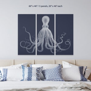 Octopus Triptych, The Classic, Navy Blue Kraken Three Paneled Large Wall Art, Lord Bodner Octopus, Nautical Print, Coastal Chic Decor image 2