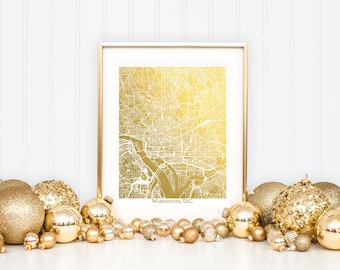 Washington DC Gold Foil Map, City Map Art, Retirement or Anniversary Gift, Vacation Memento