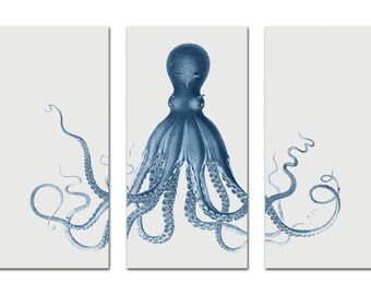 Octopus Triptych in Navy and Blanc de Blanc, Kraken Print, Large Nautical Art Print, Beach Home Decor, Office Wall Art, Coastal Chic