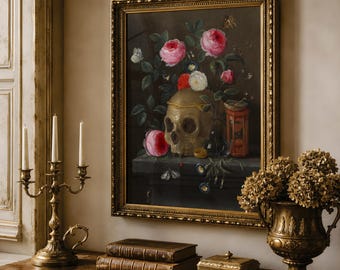 Memento Mori Skull and Roses Print, Vanitas Still Life Art, Dark Floral Painting, Gothic Vintage Art, Dark Academia Decor