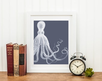 Offset Octopus Print in Grisaille Blue, Octopus Wall Art, Octopus Poster, Nautical Kraken Print, Nautical Decor, Beach Art, Coastal Decor