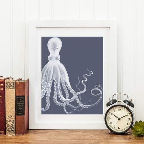 Octopus Art Print, Grisaille Blue Nautical Kraken, Coastal Decor