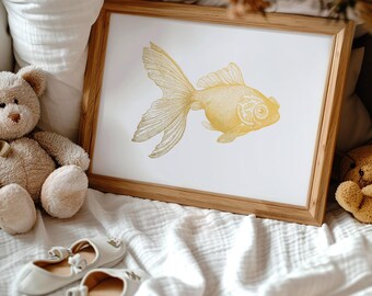Gold Foil Goldfish Art Print, Nautical Nursery Decor