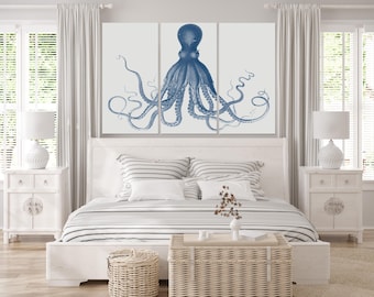 Octopus Triptych Art Print, Blue Coastal Wall Art, Naturalist Engraving Style, Ready to Hang Large Canvas Art