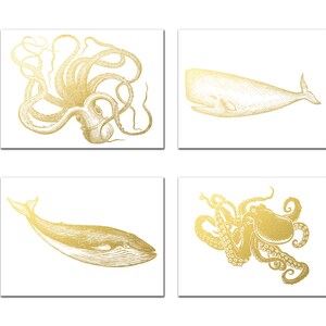 Coastal Gold Foil Print Set, Nautical Gold Foil Art, Coastal Farmhouse Home Decor, Whales, Octopus Prints