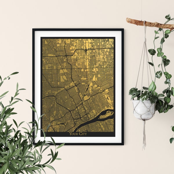 Gold Foil Custom Map, Any City or Town in the USA or World, Foil Wall Art, Metallic Map Print, Housewarming Gift