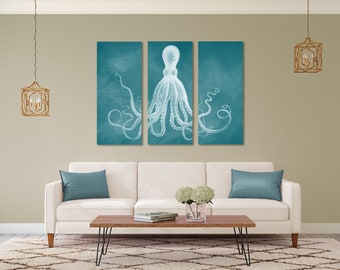 Teal Octopus Triptych, Kraken Art, Octopus Wall Art, Beach Life, Coastal Home Decor, Nautical Home Decor, New Home Gift for Sea Life Lover