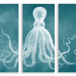 A large octopus Triptych in teal green and white. The 3 panels are gallery wrapped canvas and ready to hang.