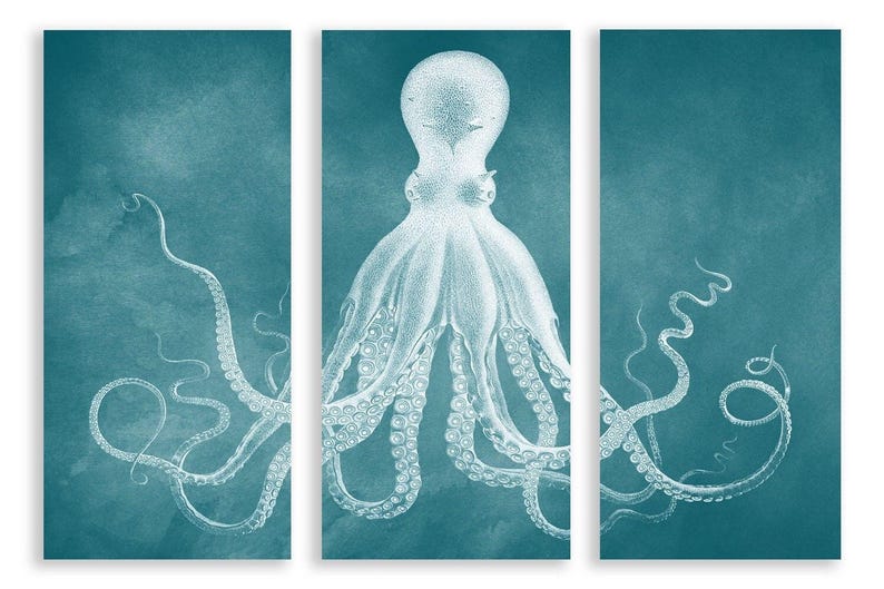 A large octopus Triptych in teal green and white. The 3 panels are gallery wrapped canvas and ready to hang.