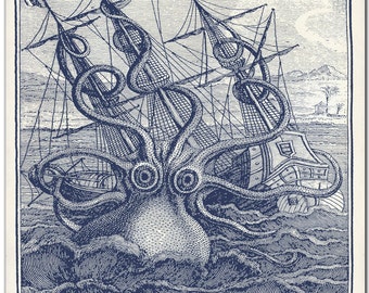 Gift for Sea Lover, Vintage Octopus Poster in Marine Blue, Kraken Print, Octopus Art, Nautical Decor, Coastal Wall Art