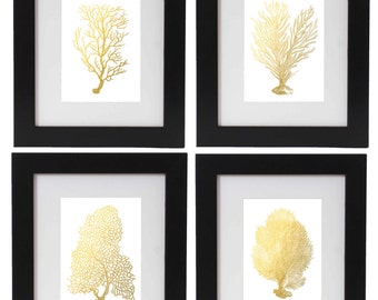 Gold Foil Coral Print Set of 4, Nautical Art, Gold Foil Coral Set, Gold Wall Decor, Beach Wedding, Coastal Living, Corals, Foil Pressed Art