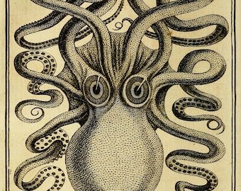 Vintage Octopus Print, Kraken with Googly Eyes, Nautical Home Decor, Customizable Colors