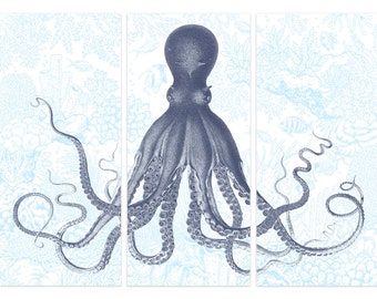 Navy and White Octopus Triptych with Sea Life Background, Lord Bodner, Large Wall Art, Shore House Art, Coastal Decor