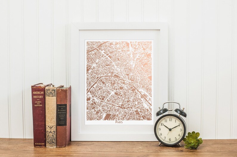 Paris Map Rose Gold Foil Print, City of Light Wall Art image 7