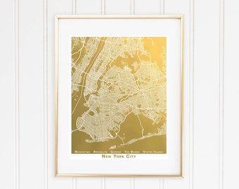New York City Map, Gold Foil Map™, Gold Foil Print, New York City, Five Boroughs, Manhattan, Brooklyn, Queens, The Bronx, Staten Island