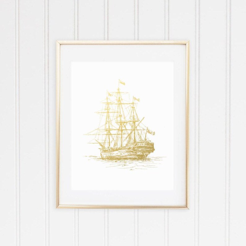 Vintage Ship in Metallic Foil Art Print, Gold Wall Decor, Gift for Sailor image 3